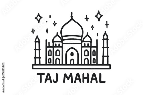Taj Mahal Doodle. Doodle taj mahal with stars, domes, and sparkles, center word “TajMahal” in black and white isolated transparent