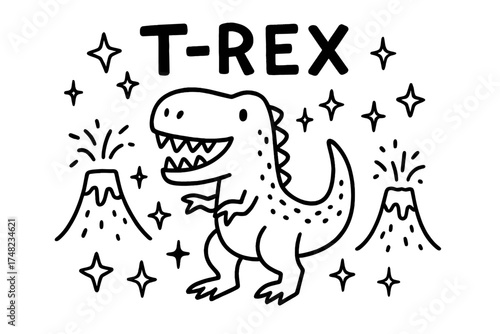 T-Rex Doodle Extravaganza. Doodle tyrannosaurus rex with stars, volcanoes, and sparkles, center word “T-Rex” in black and white