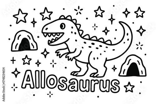 Starry Allosaurus Doodle. Doodle allosaurus with stars, caves, and sparkles, center word “Allosaurus” in black and white isolated