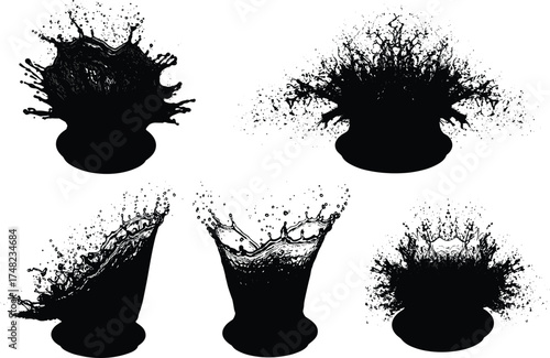 Black liquid splash vector set, realistic ink splatter design, dynamic paint explosion effect, abstract black fluid motion shapes, isolated on white background illustration