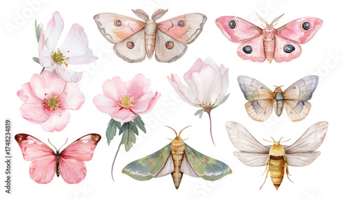 
Watercolor butterfly and moth clip art set, spring flowers, white background, pastel colors, soft lighting