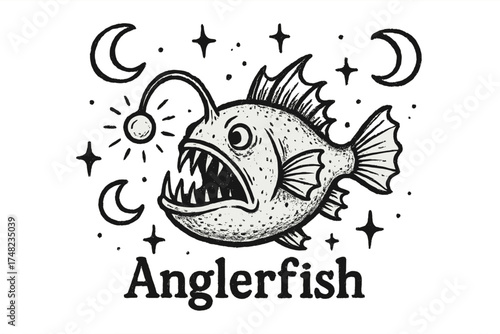 Celestial Anglerfish Art. Hand-drawn anglerfish with moons, lights, and sparkles, center word “Anglerfish” in black and white