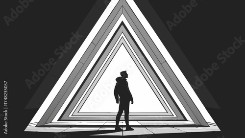 Silhouetted Figure Standing in Geometric Tunnel.