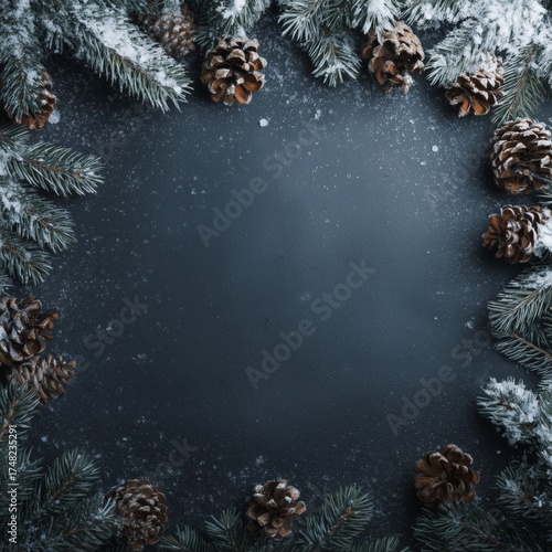 Winter Frame with Snowy Pine Branches and Cones on Dark Backgroun