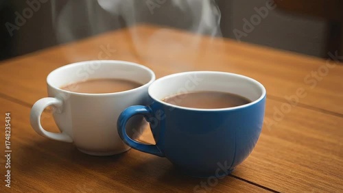 Two steaming coffee cups on wooden table