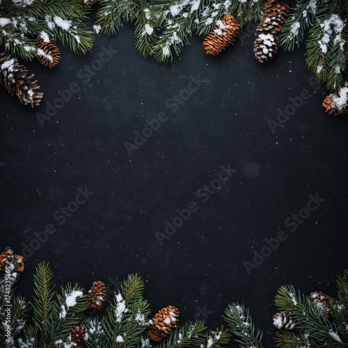 Winter Frame with Snowy Pine Branches and Cones on Dark Backgroun