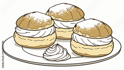 Illustration of cream-filled pastries on a plate with powdered sugar.