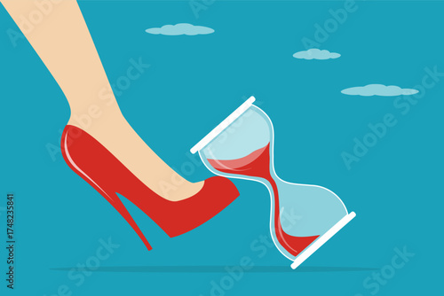 Female leg in red shoes trying to stop hourglass. Running out of time or time management. Project deadline. Patience time. Productivity and efficiency concept.