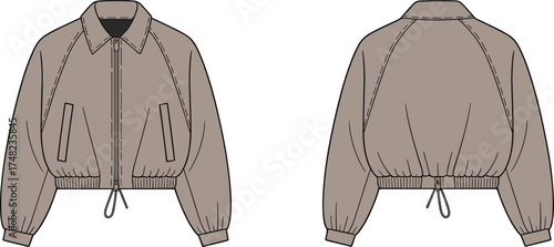 Casual jacket flat sketch, fashion technical drawing, outerwear design template, garment construction illustration, front and back view, clothing pattern, apparel design