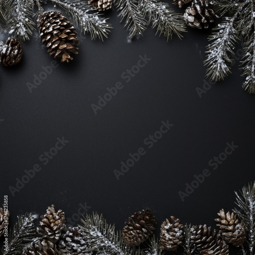 Winter Frame with Snowy Pine Branches and Cones on Dark Backgroun