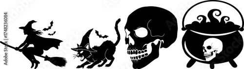 Spooky Halloween and magic-themed vector silhouette set. Includes classic symbols like a flying witch, a menacing black cat, a skull, and a bubbling witch's cauldron for ritual or potion making.
