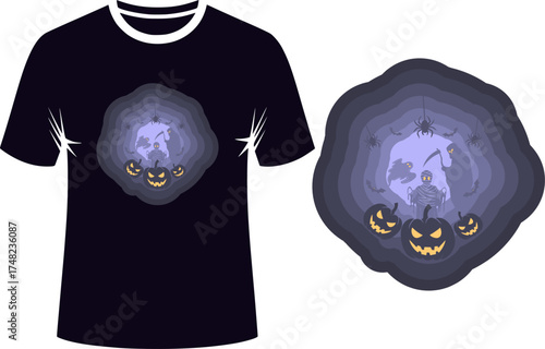 Layered Paper Cut Style Halloween vector art featuring a spooky mummy, jack-o-lanterns, and wandering ghosts in shadowy purple and gray.