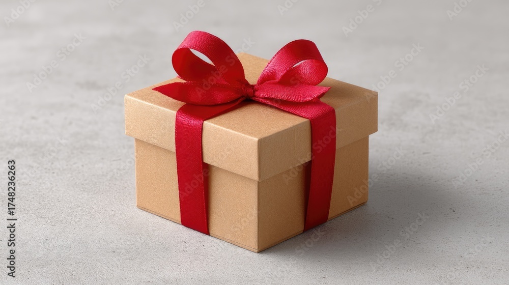 Obraz premium Small brown gift box with red ribbon and bow on a light gray background for festive celebrations and special occasions