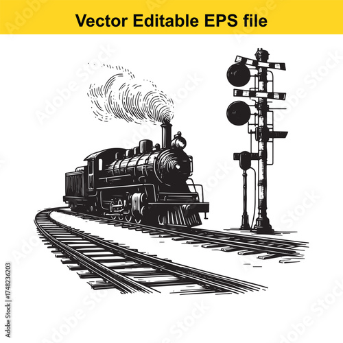 Vector art of black and white illustration of a steam train on curved railway tracks with a signal post and smoke