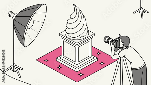 Isometric illustration of a photography session with a light setup and subject.