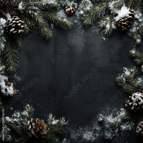 Winter Frame with Snowy Pine Branches and Cones on Dark Backgroun