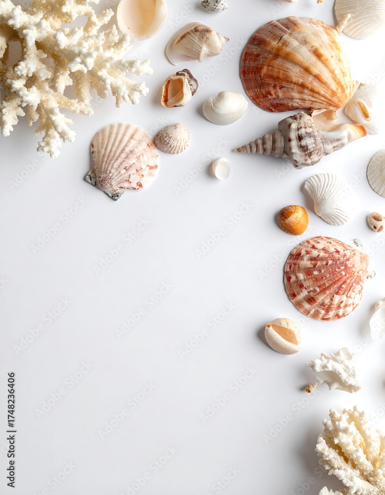 Obraz premium Seashells and coral on white background