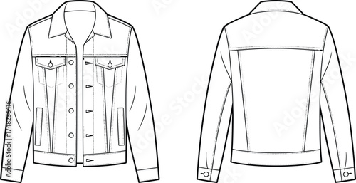 Denim jacket flat sketch, fashion technical drawing, outerwear design template, garment construction illustration, front and back view, clothing pattern, apparel design