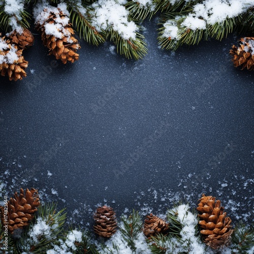 Winter Frame with Snowy Pine Branches and Cones on Dark Backgroun