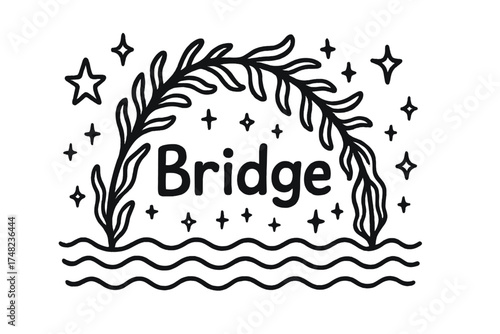 Whimsical Kelp Bridge. Doodle kelp bridge with stars, waves, and sparkles, center word “Bridge” in black and white isolated