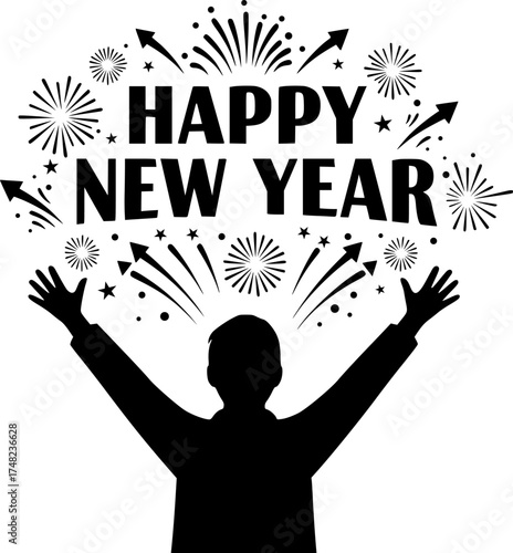 Happy new year text with person celebrating arms raised and fireworks exploding festive celebration design