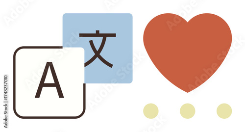 Letter and character tiles with heart symbol and ellipses representing love, communication, and multilingual connection. Ideal for translation, global interaction, culture, technology, learning