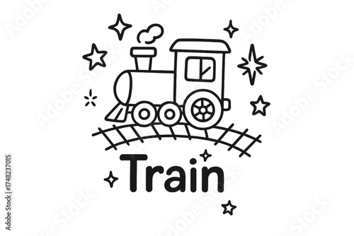 Doodle Train Toy. Doodle train toy with stars, tracks, and sparkles, center word “Train” in black and white isolated transparent