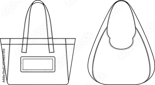 Handbag fashion illustration, tote bag sketch, hobo bag drawing, accessory design template, structured tote, curved hobo, technical flat sketch, apparel accessory illustration