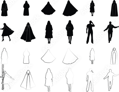 Vector art of silhouettes of people wearing cloaks and coats in various poses, depicted in black and white, offering a diverse range of figures, silhouette