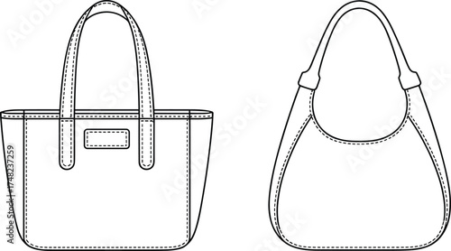 Handbag fashion illustration, tote bag sketch, hobo bag drawing, front view design template, accessory outline, technical flat sketch, apparel accessory illustration