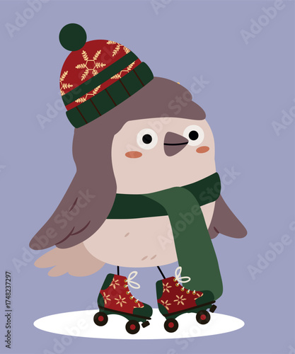Illustration Holding  with Sparrow Wearing a Hat and Scarf Roller Skaters