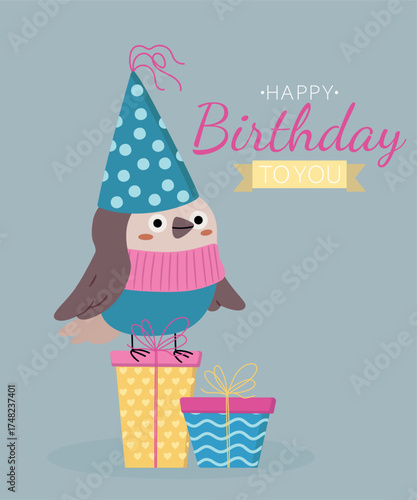 Happy Birthday Illustration with Sparrow Wearing a Party Hat and Standing Present 
