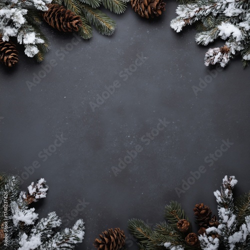 Winter Frame with Snowy Pine Branches and Cones on Dark Backgroun
