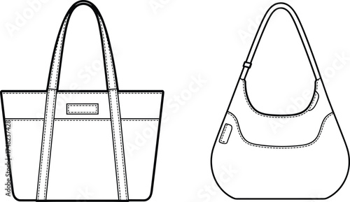 Handbag fashion illustration, tote bag sketch, hobo bag drawing, front and back view, accessory design template, technical flat sketch, apparel accessory illustration