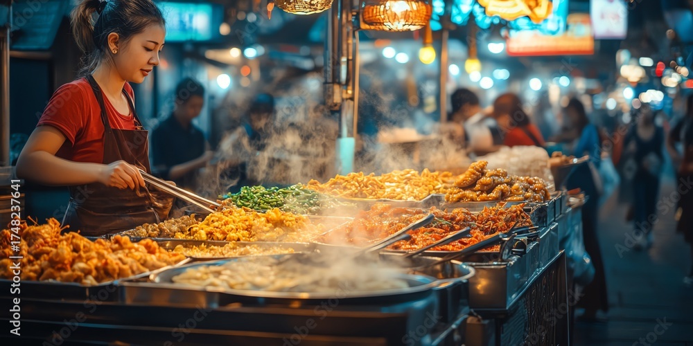 Obraz premium Young Female Street Food Vendor Cooking Hot Snacks at Night Market in Vibrant Urban Setting