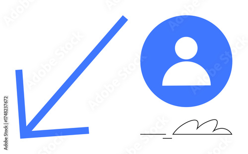 Blue downward arrow, circular user avatar, abstract line, and curve visuals. Ideal for analytics, statistics, loss, user activity disengagement performance digital trends. Clean flat metaphor