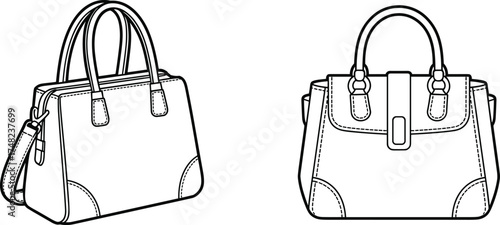 Handbag front and perspective view illustration, structured purse design, flap closure sketch, double handle bag drawing, unisex fashion accessory, modern product detail