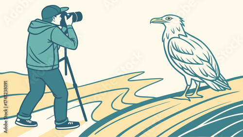 Photographer Capturing Avian Subject Vector Illustration.