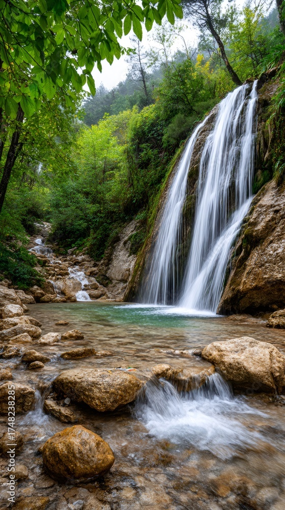 Fototapeta premium Waterfall cascading into a clear natural pool in forest