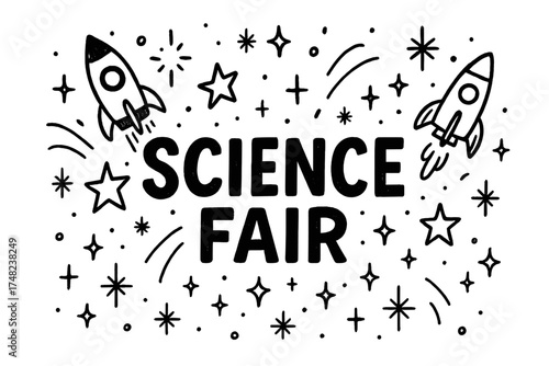 Science Fair Doodle. Doodle science fair with stars, rockets, and sparkles, center word “Science” in black and white isolated