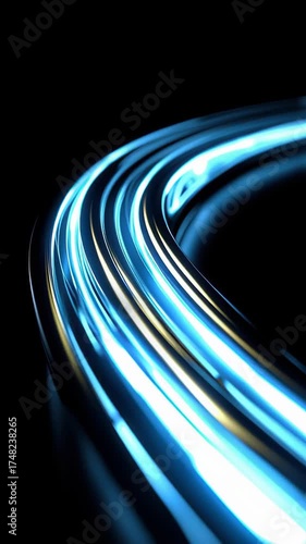Bright blue neon lights and glowing curves create stunning vertical video effect, showcasing modern design against dark background