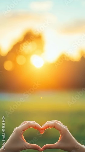 Warm Sunset Connection Hands Form Heart Shape, Symbolizing Love in Serene Outdoor Nature Setting