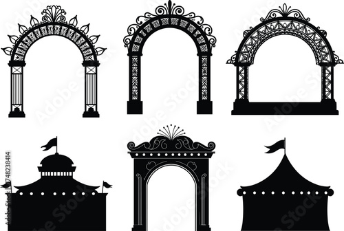 Circus, architecture, silhouette, tent, archway, carnival, fairground, decorative, vintage, structure, icon, vector, black, minimal, flat, design, entertainment, pavilion, entrance, ornate, isolated,