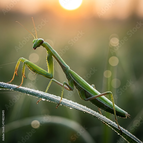 Wallpaper Mural Praying Mantis on Dew-Covered Blade - A Serene Morning Encounter. Torontodigital.ca