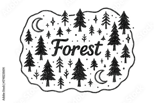 Enchanting Forest Map. Hand-drawn forest map with moons, trees, and sparkles, center word “Forest” in black and white isolated