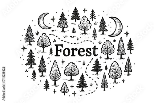 Enchanting Forest Map. Hand-drawn forest map with moons, trees, and sparkles, center word “Forest” in black and white isolated