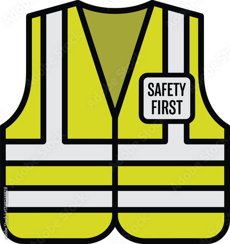 Reflective Safety Vest Vector with Safety First Label. High Visibility Construction Vest Illustration for Worker Protection.