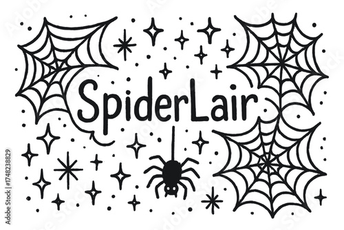 Spider Lair Doodle. Doodle spider lair with stars, webs, and sparkles, center word “SpiderLair” in black and white isolated
