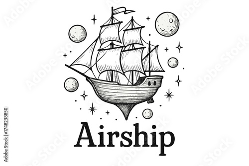 Floating Airship Fantasy. Hand-drawn floating ship with moons, sails, and sparkles, center word “Airship” in black and white