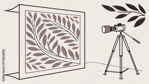 Photography and Floral Illustration with Camera on Tripod.